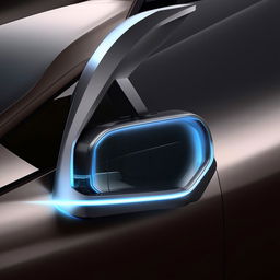 Futuristic rearview mirrors of a state-of-the-art van, characterized by innovative design and advanced tech functionality.