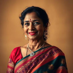 A graceful portrait of a dusky Indian woman in her 40s, with a deeper, rich skin tone that highlights her beauty, elegantly adorned in a traditional saree displaying intricate patterns and vibrant colors