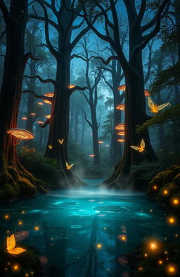 A mystical forest at twilight, featuring towering ancient trees with bioluminescent fungi glowing in various colors