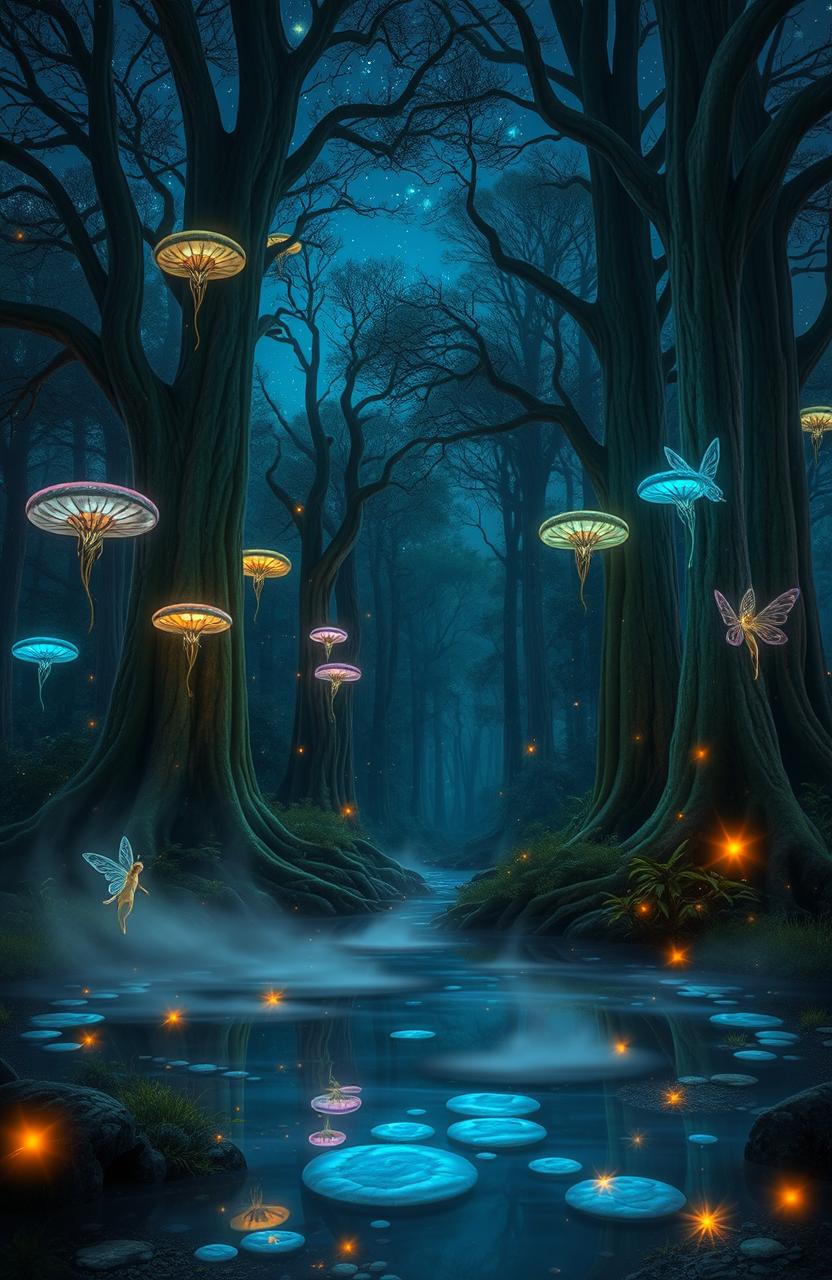 A mystical forest at twilight, featuring towering ancient trees with bioluminescent fungi glowing in various colors