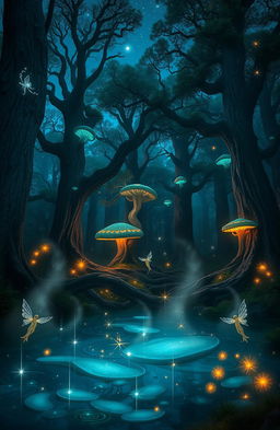 A mystical forest at twilight, featuring towering ancient trees with bioluminescent fungi glowing in various colors