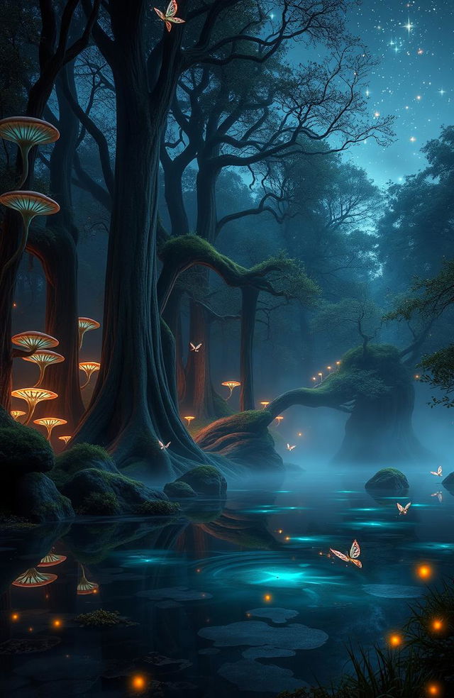 A mystical forest at twilight, featuring towering ancient trees with bioluminescent fungi glowing in various colors