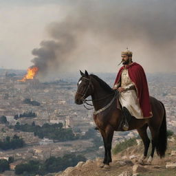 From a hill overlooking Rome, King Ahmad watches the scene with rage burning in his eyes. His tightened grip on his steed's reign and firm resolve reflecting his determination to confront the Roman king.