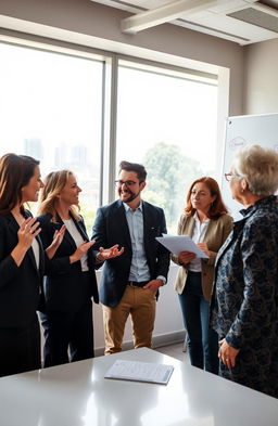 An inspiring scene of diverse leaders coming together in a sunlit conference room, engaged in a passionate discussion