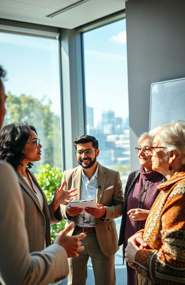 An inspiring scene of diverse leaders coming together in a sunlit conference room, engaged in a passionate discussion