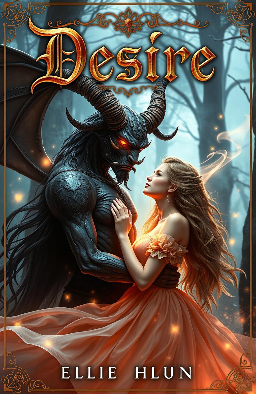 A captivating fantasy book cover depicting a passionate love story between a human and a demon