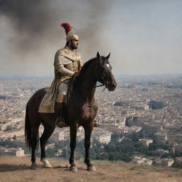 From a hill overlooking Rome, King Ahmad watches the scene with rage burning in his eyes. His tightened grip on his steed's reign and firm resolve reflecting his determination to confront the Roman king.