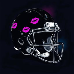 A dynamic sketch of a football helmet adorned with vibrant lipstick kisses in neon colors, including bright pinks, blues, and purples