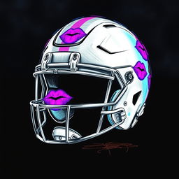 A dynamic sketch of a football helmet adorned with vibrant lipstick kisses in neon colors, including bright pinks, blues, and purples