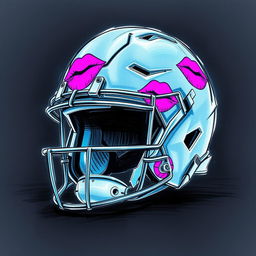 A dynamic sketch of a football helmet adorned with vibrant lipstick kisses in neon colors, including bright pinks, blues, and purples