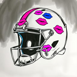A dynamic sketch of a football helmet adorned with vibrant lipstick kisses in neon colors, including bright pinks, blues, and purples