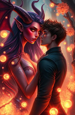 A captivating fantasy scene depicting a love story between a beautiful female demon and a human