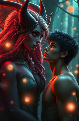 A captivating fantasy scene depicting a love story between a beautiful female demon and a human