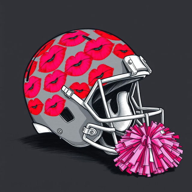 A captivating sketch featuring a football helmet covered in bright lipstick kisses in shades of red and pink, positioned next to a vibrant cheer pom pom