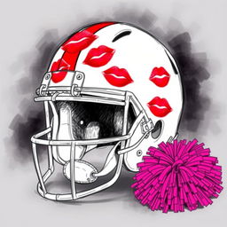 A captivating sketch featuring a football helmet covered in bright lipstick kisses in shades of red and pink, positioned next to a vibrant cheer pom pom