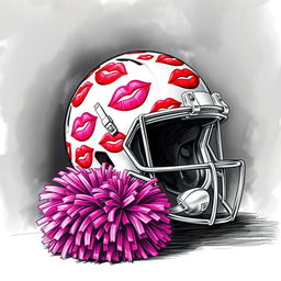 A captivating sketch featuring a football helmet covered in bright lipstick kisses in shades of red and pink, positioned next to a vibrant cheer pom pom