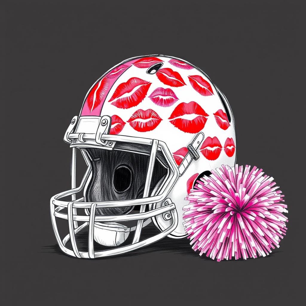 A captivating sketch featuring a football helmet covered in bright lipstick kisses in shades of red and pink, positioned next to a vibrant cheer pom pom