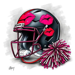 A compelling sketch featuring a football helmet adorned with vibrant lipstick kisses and accompanied by a playful cheer pom pom