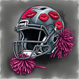 A compelling sketch featuring a football helmet adorned with vibrant lipstick kisses and accompanied by a playful cheer pom pom
