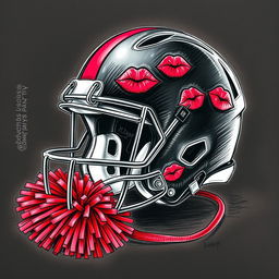 A compelling sketch featuring a football helmet adorned with vibrant lipstick kisses and accompanied by a playful cheer pom pom