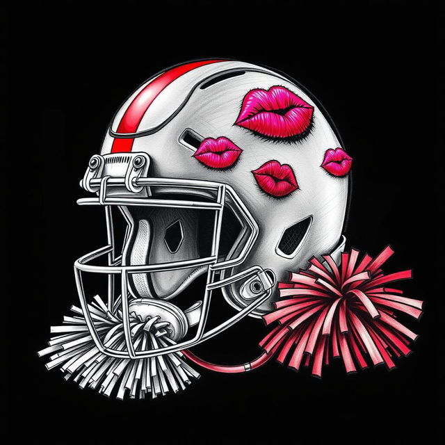 A compelling sketch featuring a football helmet adorned with vibrant lipstick kisses and accompanied by a playful cheer pom pom