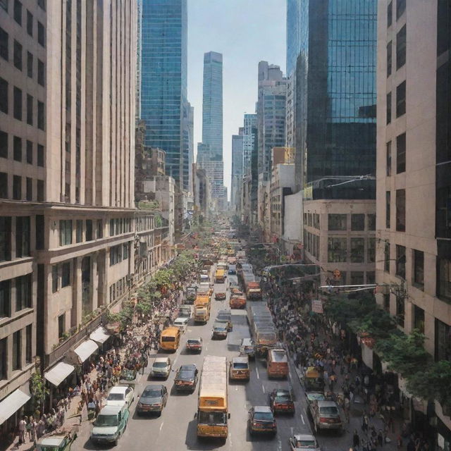 A bustling urban cityscape with towering skyscrapers, busy streets lined with restaurants and shops, and a vibrant atmosphere, filled with people going about their day.