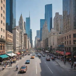 A bustling urban cityscape with towering skyscrapers, busy streets lined with restaurants and shops, and a vibrant atmosphere, filled with people going about their day.