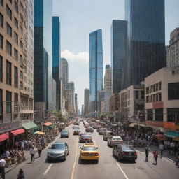 A bustling urban cityscape with towering skyscrapers, busy streets lined with restaurants and shops, and a vibrant atmosphere, filled with people going about their day.