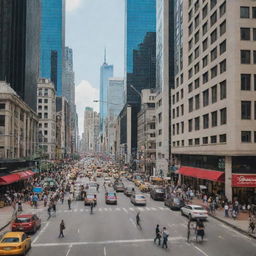 A bustling urban cityscape with towering skyscrapers, busy streets lined with restaurants and shops, and a vibrant atmosphere, filled with people going about their day.