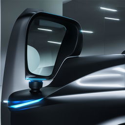 Front passenger's side mirror of a state-of-the-art, futuristic van, integrating cutting-edge design and technology.