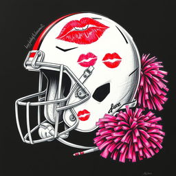 A striking sketch featuring a football helmet adorned with bold lipstick marks and kisses, complemented by a vibrant cheer pom pom