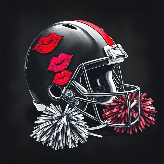 A striking sketch featuring a football helmet adorned with bold lipstick marks and kisses, complemented by a vibrant cheer pom pom