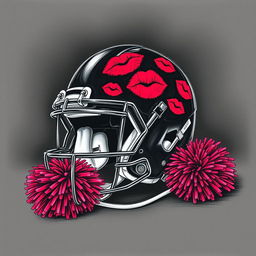 A striking sketch featuring a football helmet adorned with bold lipstick marks and kisses, complemented by a vibrant cheer pom pom