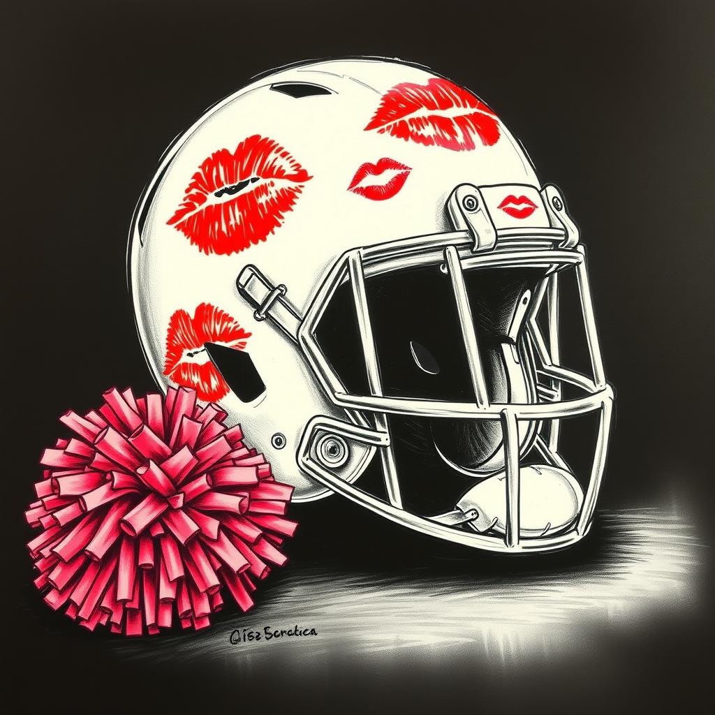 A striking sketch featuring a football helmet adorned with bold lipstick marks and kisses, complemented by a vibrant cheer pom pom