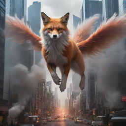 A bustling cityscape under an unexpected attack from a nine-tailed fox, Kyubi, with chaotic scenes of awe and fear as the enormous creature looms over the skyscrapers, its tails creating havoc.