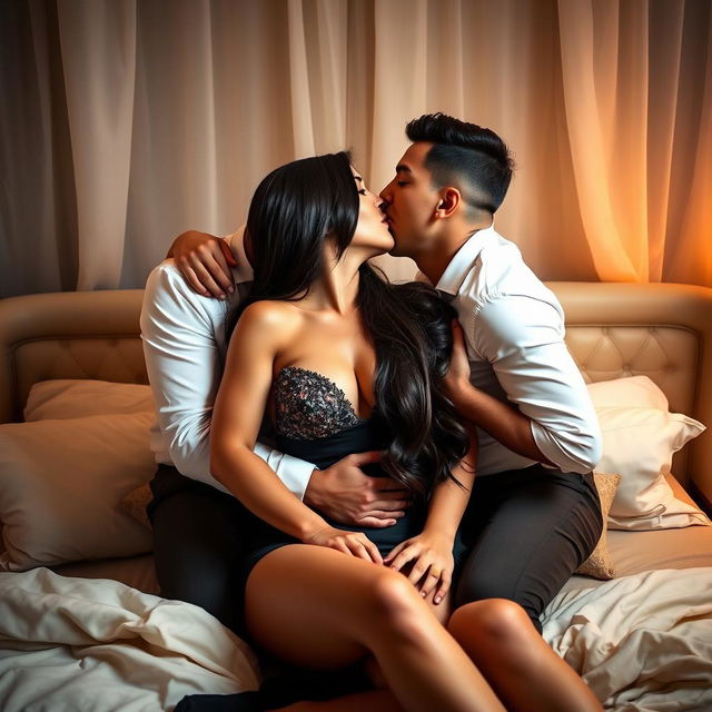 A sensual and intimate scene depicting a beautiful woman with long dark hair, elegantly dressed, engaged in a passionate kiss with two handsome men in a cozy bedroom setting