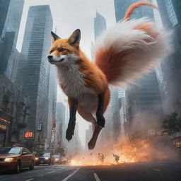 A bustling cityscape under an unexpected attack from a nine-tailed fox, Kyubi, with chaotic scenes of awe and fear as the enormous creature looms over the skyscrapers, its tails creating havoc.