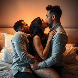 A sensual and intimate scene depicting a beautiful woman with long dark hair, elegantly dressed, engaged in a passionate kiss with two handsome men in a cozy bedroom setting