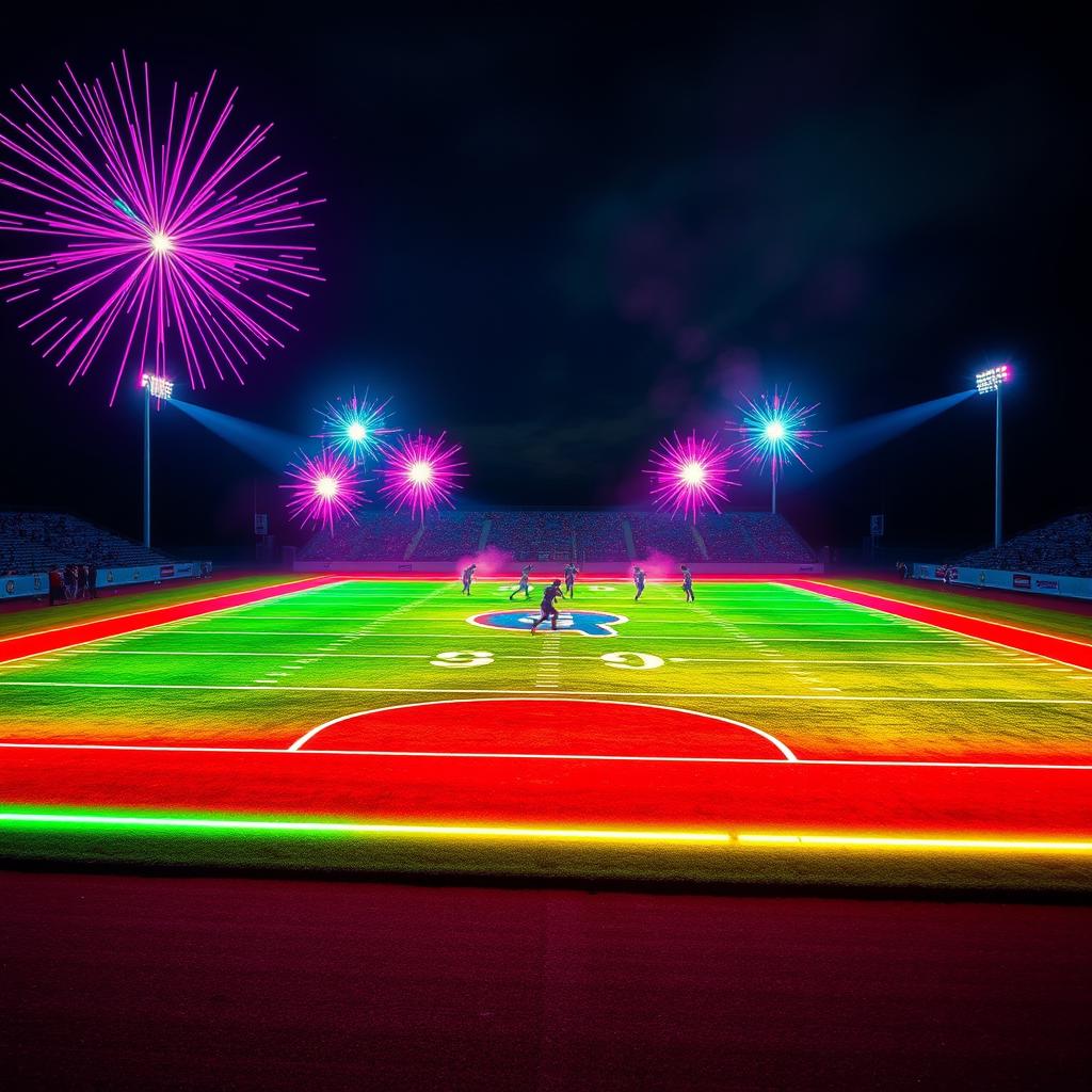 An electrifying scene of a football field illuminated with vibrant neon colors, creating a striking contrast against a dark backdrop