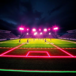 An electrifying scene of a football field illuminated with vibrant neon colors, creating a striking contrast against a dark backdrop