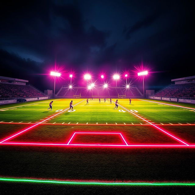 An electrifying scene of a football field illuminated with vibrant neon colors, creating a striking contrast against a dark backdrop