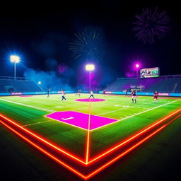 An electrifying scene of a football field illuminated with vibrant neon colors, creating a striking contrast against a dark backdrop