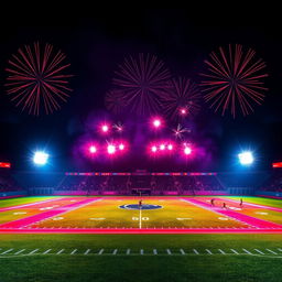 An electrifying scene of a football field illuminated with vibrant neon colors, creating a striking contrast against a dark backdrop