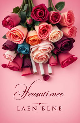 A captivating book cover design featuring an artistic arrangement of vibrant roses in various colors, interspersed with elegantly placed vintage cigarettes