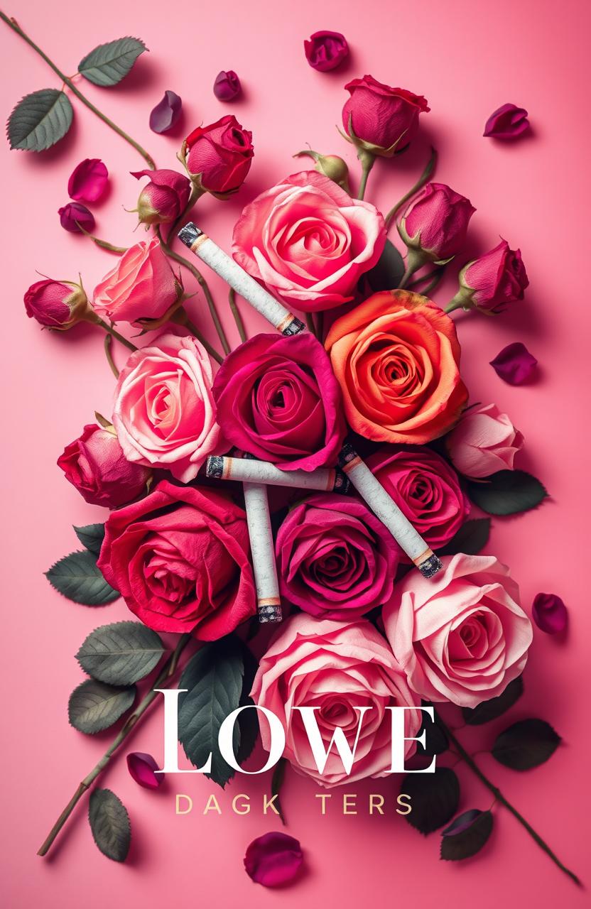 A captivating book cover design featuring an artistic arrangement of vibrant roses in various colors, interspersed with elegantly placed vintage cigarettes