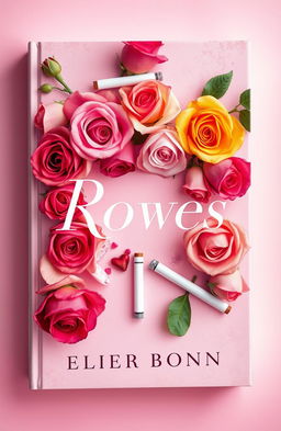 A captivating book cover design featuring an artistic arrangement of vibrant roses in various colors, interspersed with elegantly placed vintage cigarettes