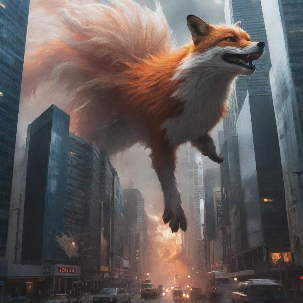 A bustling cityscape under an unexpected attack from a nine-tailed fox, Kyubi, with chaotic scenes of awe and fear as the enormous creature looms over the skyscrapers, its tails creating havoc.