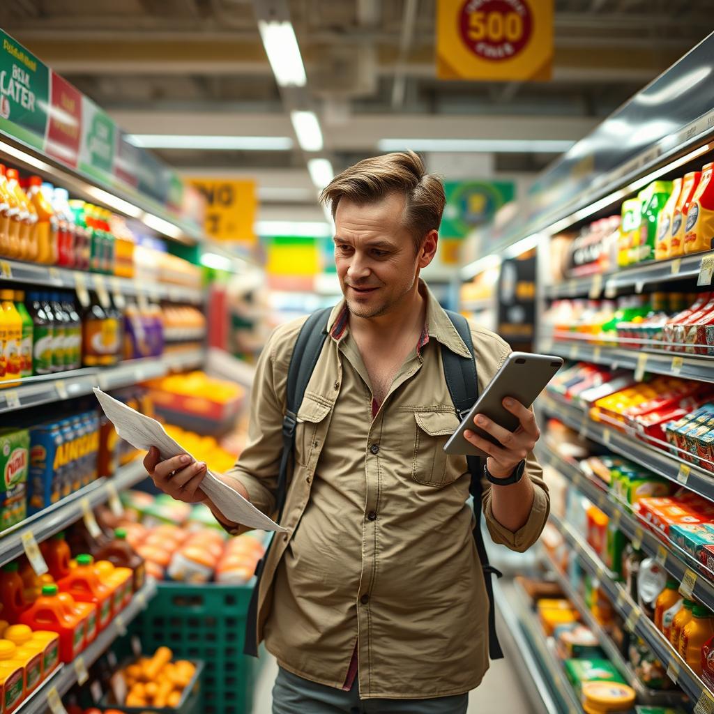 A frugal male emigrant from Russia in a bustling supermarket in South Africa, showcasing his resourcefulness while shopping