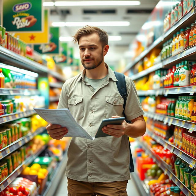 A frugal male emigrant from Russia in a bustling supermarket in South Africa, showcasing his resourcefulness while shopping