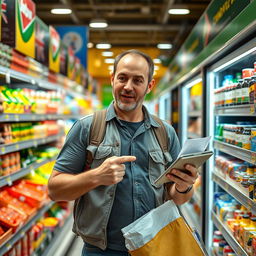 A frugal male emigrant from Russia in a bustling supermarket in South Africa, showcasing his resourcefulness while shopping
